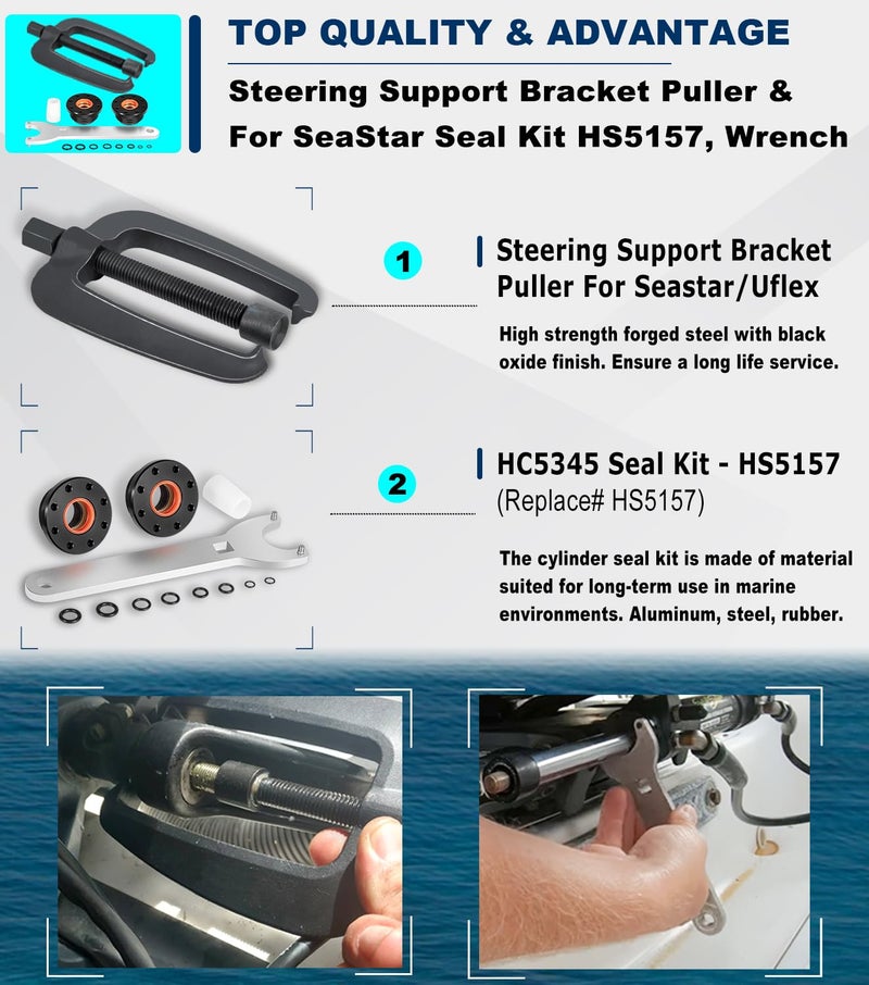 Camoo Steering Support Bracket Puller for Seastar/Uflex, and HC5345 Seal Kit for Seastar Front Mount Hydraulic Steering Cylinder Seal & Pin Wrench HS5157 Kit HC5340, HC5342, HC5343 - Image 2